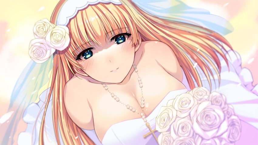 1girl, bare_shoulders, blonde_hair, blue_eyes, blush, bouquet, breasts, bridal_veil