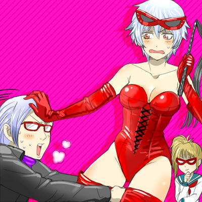 1boy, 2girls, 3mm, blush, breasts, cleavage, genderswap, gintama
