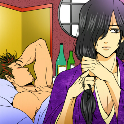 2boys, 3mm, black_hair, brown_hair, couple, gintama, hair_over_one_eye, katsura_kotarou, kondo_isao, kondou_isao, long_hair, multiple_boys, short_hair, sleeping, yaoi