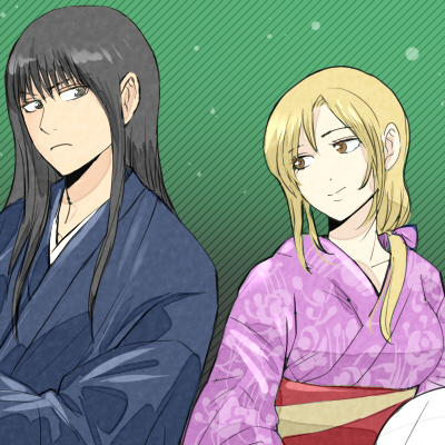 1boy, 1girl, 3mm, black_hair, blonde_hair, couple, gintama, ikumatsu