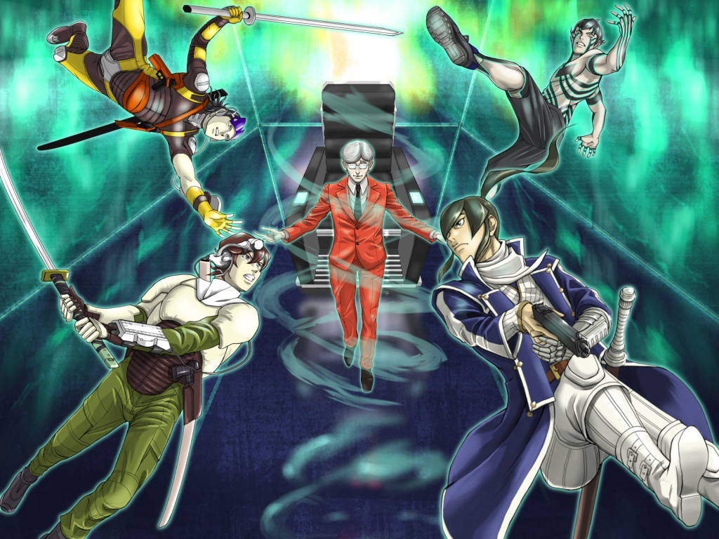 5boys, aleph, battle, black_hair, black_necktie, bodysuit, bolerou01, brown_hair