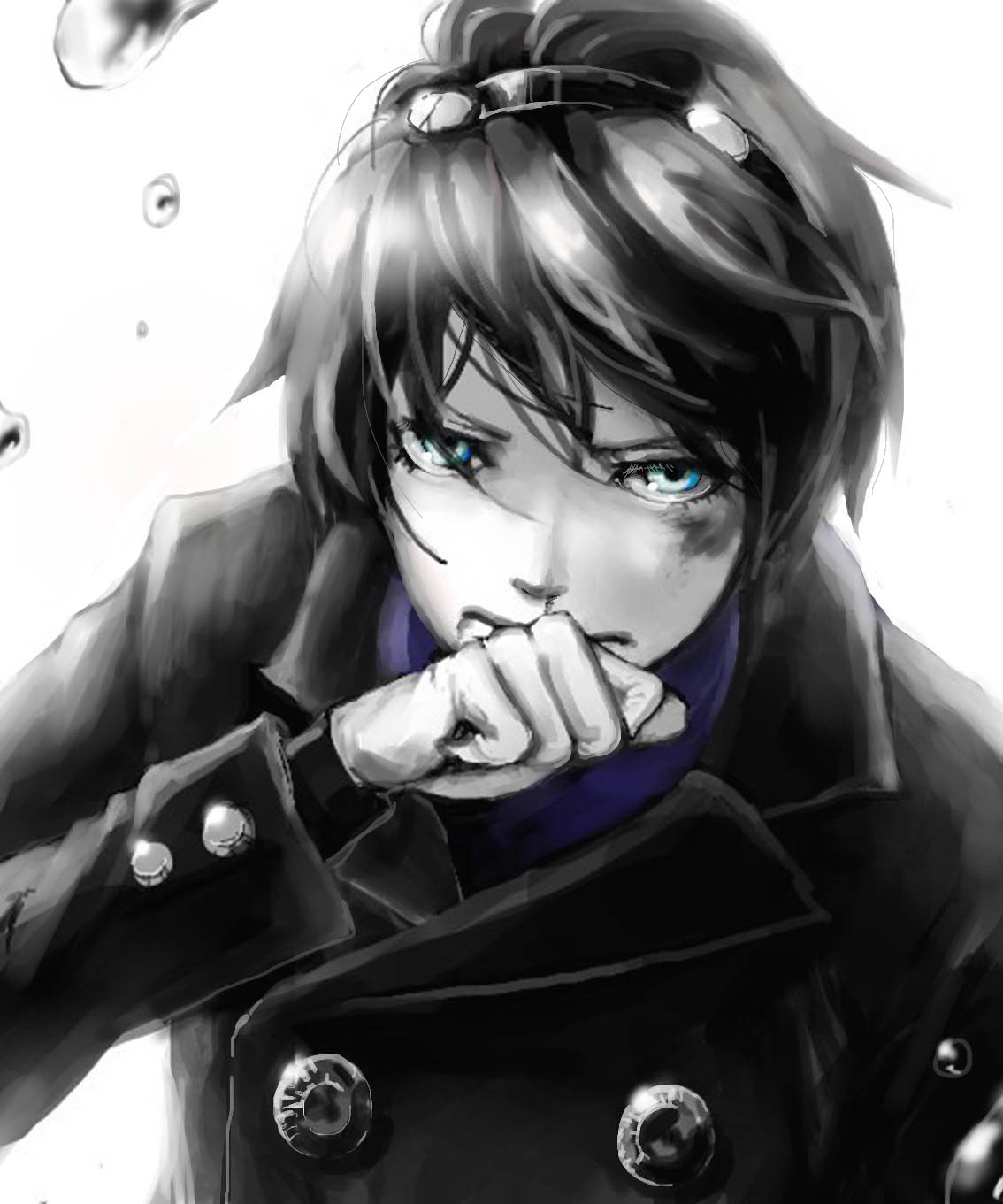 1girl, black_hair, blue_eyes, bruise, coat, female, hairband, highres