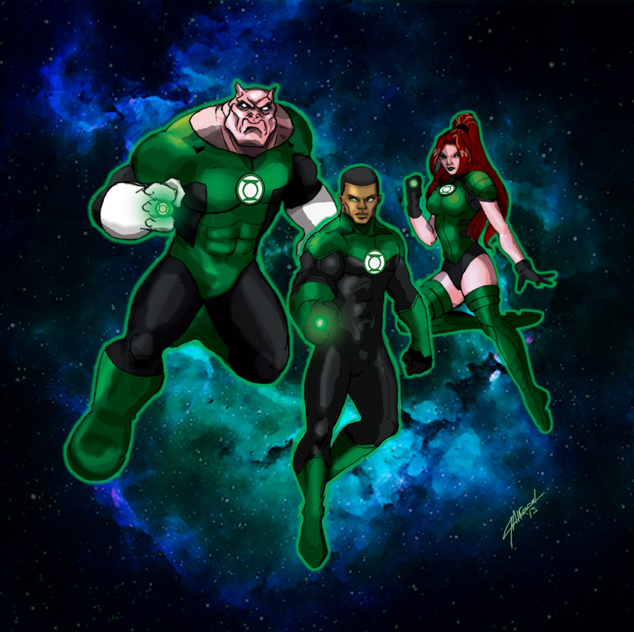 1girl, 2boys, alien, black_hair, bodysuit, dark_skin, dc_comics, flying
