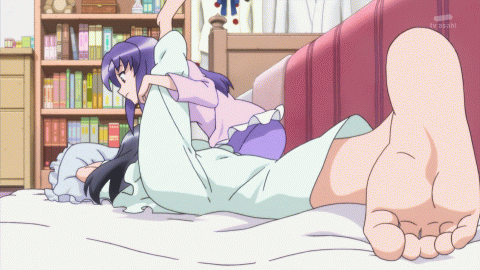 2girls, animated, animated_gif, barefoot, bed, black_hair, feet, foreshortening, from_behind, hikawa_iona, hikawa_maria, indoors, leg_grab, looking_at_another, lying, multiple_girls, on_stomach, pajamas, perspective, pillow, pov_feet, precure, purple_hair, soles, stretch, toes