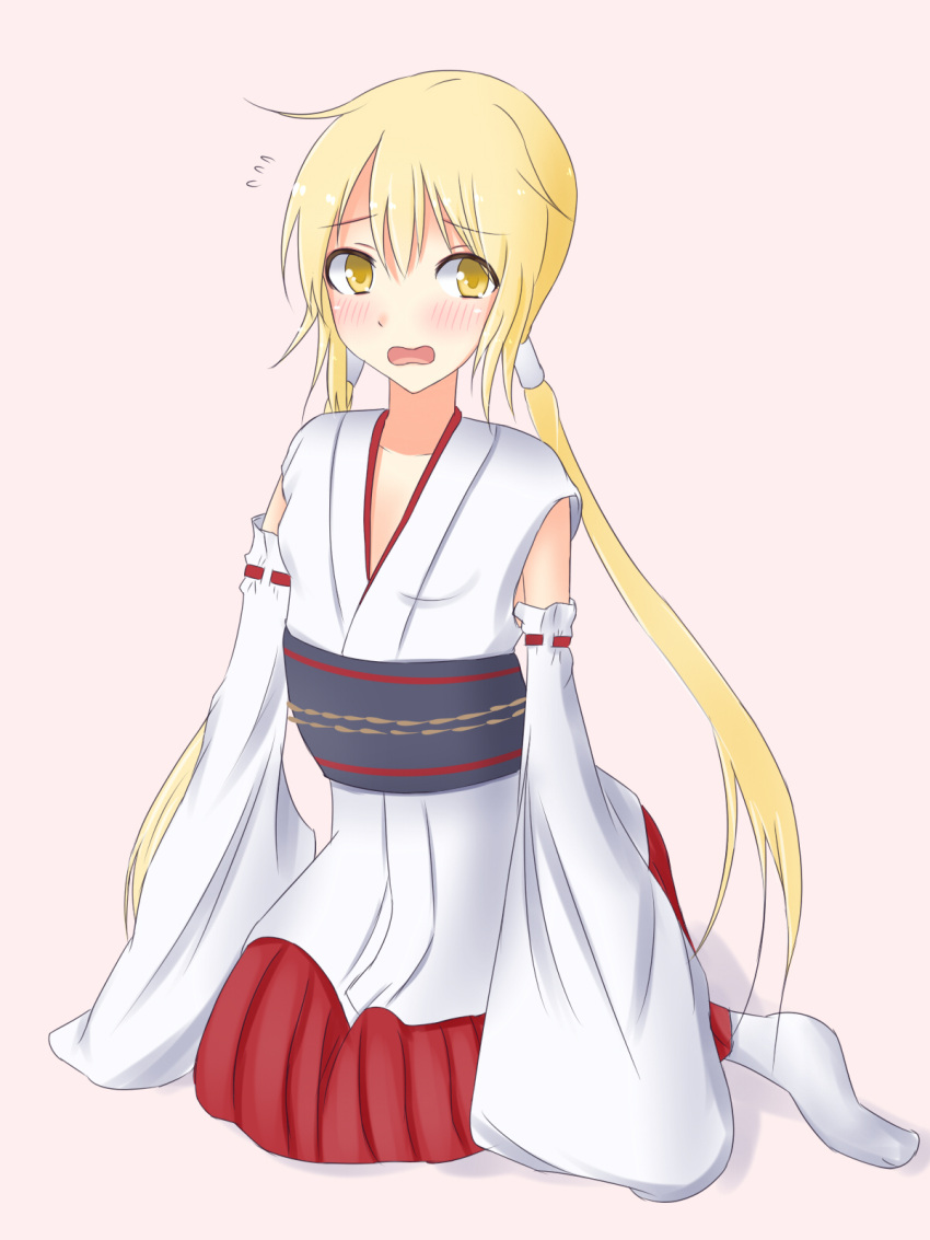 1girl, alternate_costume, blonde_hair, blush, cosplay, costume_switch, detached_sleeves, fusou_(kantai_collection)