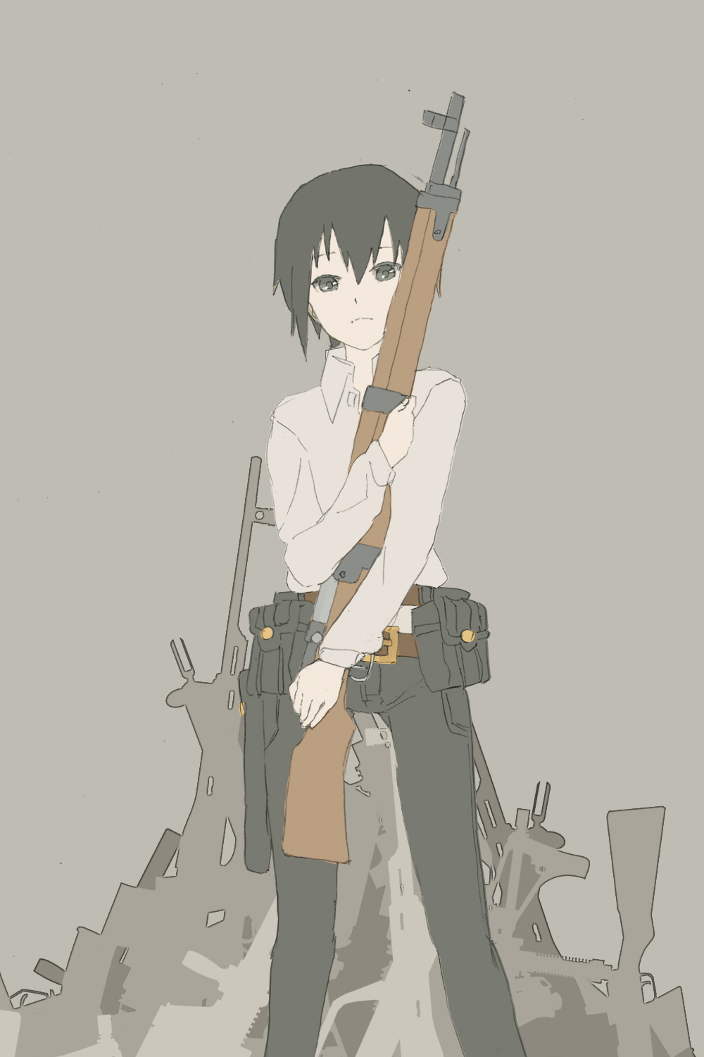 00s, 1girl, androgynous, black_hair, female, flat_color, green_eyes, gun