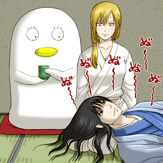 1boy, 1girl, 3mm, black_hair, blonde_hair, blush, couple, elizabeth_(gintama), gintama, ikumatsu, japanese_clothes, katsura_kotarou, lap_pillow, long_hair, ponytail, sleeping