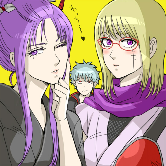 1boy, 2girls, 3mm, blonde_hair, blush, cosplay, costume_switch, gintama