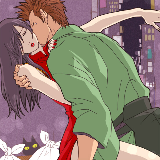 2boys, 3mm, black_hair, brown_hair, couple, crossdressinging, gintama, hair_over_one_eye