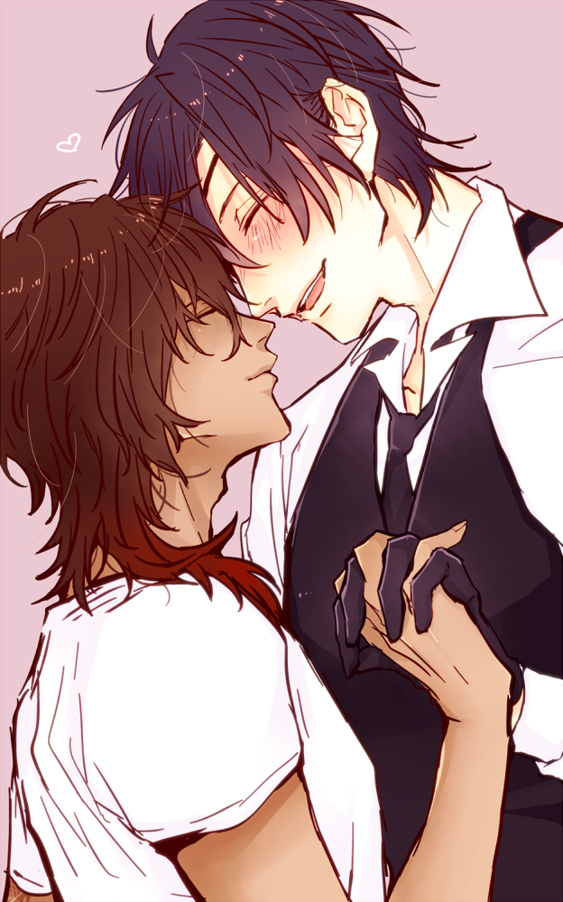2boys, blush, eyepatch, gloves, male_focus, multicolored_hair, multiple_boys, necktie