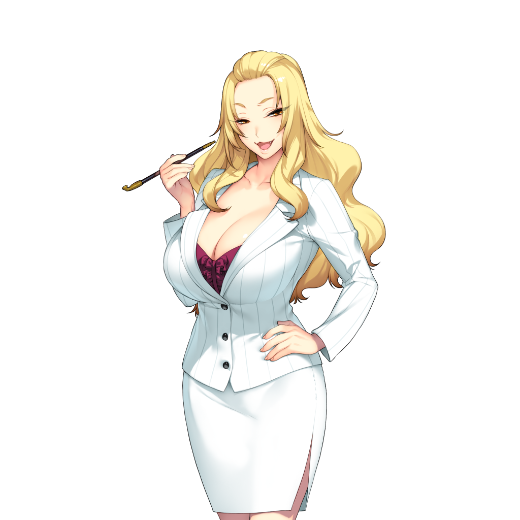 1girl, :3, akeiro_kaikitan, blonde_hair, breasts, business_suit, cigarette, cleavage