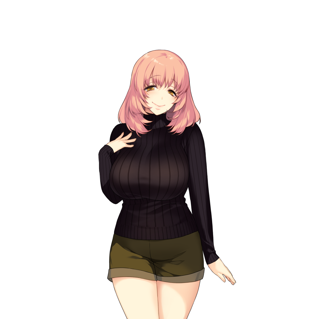 1girl, akeiro_kaikitan, breasts, eyebrows, eyebrows_visible_through_hair, game_cg, happy, highres, huge_breasts, kuzumi_misato, legs, long_sleeves, looking_at_viewer, matching_hair/eyes, orange_eyes, orange_hair, short_hair, shorts, simple_background, smile, solo, standing, sumeragi_kohaku, sweater, thighs, turtleneck, turtleneck_sweater, white_background