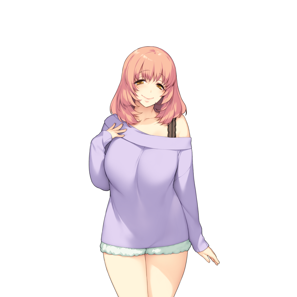 1girl, akeiro_kaikitan, breasts, collarbone, eyebrows, eyebrows_visible_through_hair, game_cg, happy, highres, huge_breasts, kuzumi_misato, legs, long_sleeves, looking_at_viewer, matching_hair/eyes, orange_eyes, orange_hair, short_hair, short_shorts, shorts, simple_background, smile, solo, standing, sumeragi_kohaku, sweater, thighs, white_background