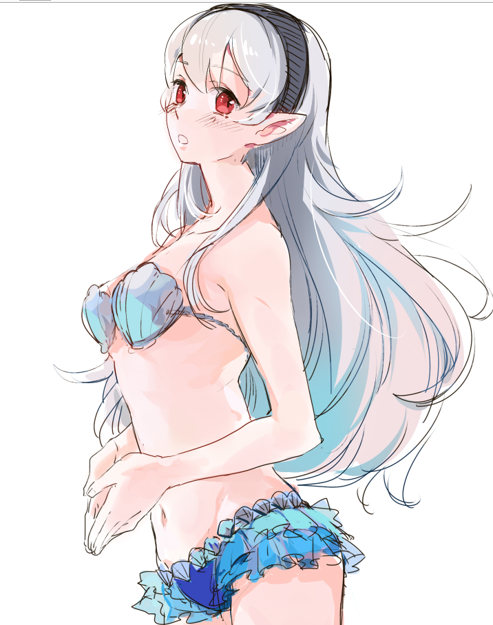 1girl, bare_shoulders, bk-love, blush, breasts, fire_emblem, fire_emblem_if, hairband, long_hair, looking_at_viewer, navel, pointy_ears, red_eyes, silver_hair, simple_background, solo