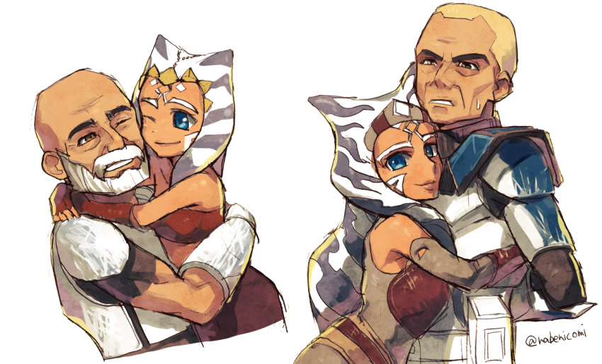 1boy, 1girl, age_progression, ahsoka_tano, armor, dual_persona, nabenicomi, rex_(star_wars)