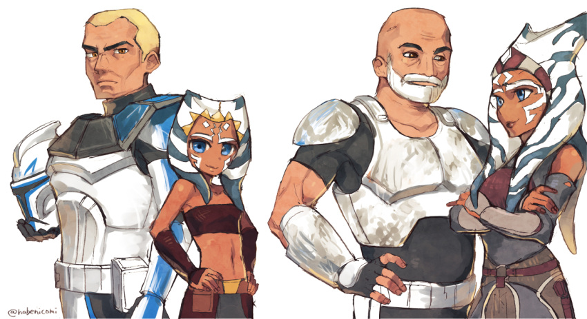 1boy, 1girl, age_progression, ahsoka_tano, armor, bald, bandeau, beard, blue_eyes, brown_eyes, buzz_cut, clone_trooper, dual_persona, facial_mark, headwear_removed, helmet, helmet_removed, midriff, nabenicomi, navel, older, orange_skin, rex_(star_wars), star_wars, star_wars:_rebels, star_wars:_the_clone_wars, stomach, tan, tentacle_hair, thick_eyebrows, white_hair