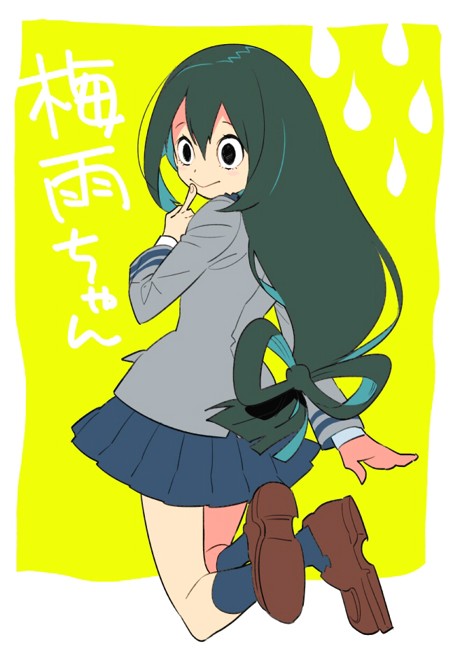 1girl, asui_tsuyu, boku_no_hero_academia, green_hair, long_hair, mooh, school_uniform, skirt