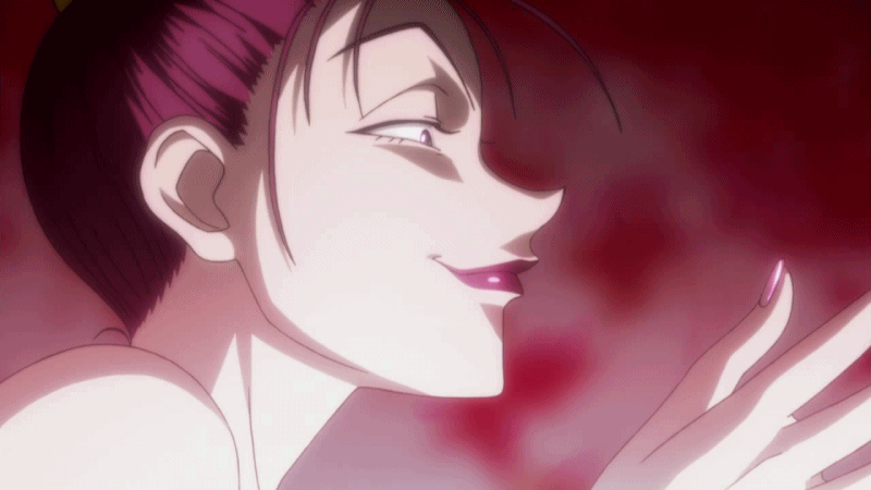 1girl, animated, animated_gif, baise, earrings, gradient, gradient_background, green_eyes, hunter_x_hunter, jewelry, licking_lips, lips, purple_hair, solo, tongue, tongue_out