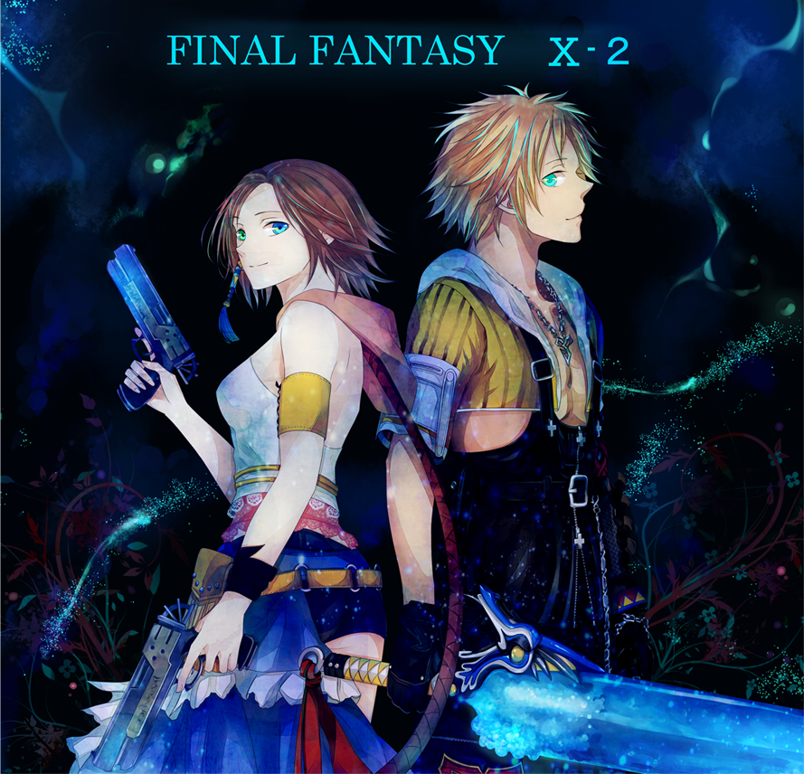00s, 1boy, 1girl, armband, ayabe_kyou_(ichigo_daifuku), blonde_hair, blue_eyes, breasts, brown_hair, closed_mouth, copyright_name, couple, dual_wielding, final_fantasy, final_fantasy_x, final_fantasy_x-2, green_eyes, gun, heterochromia, holding_gun, holding_weapon, ichigo_daifuku_(revival0227), necklace, short_hair, smile, sword, tidus, weapon, wristband, yuna, yuna_(ff10)