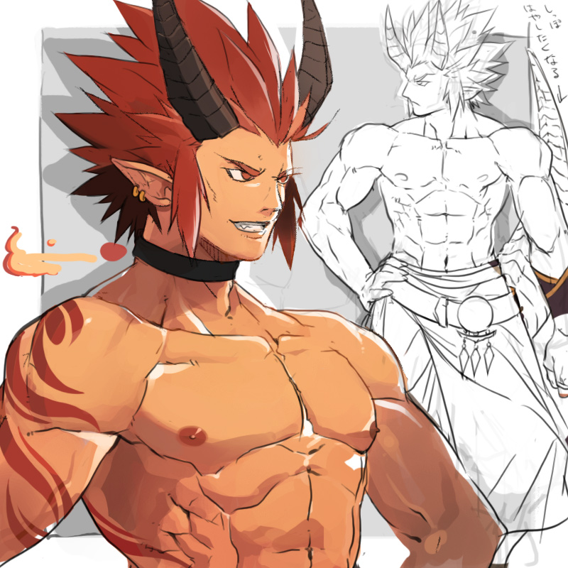 1boy, abs, bara, demon, horns, male_focus, muscle, nikism
