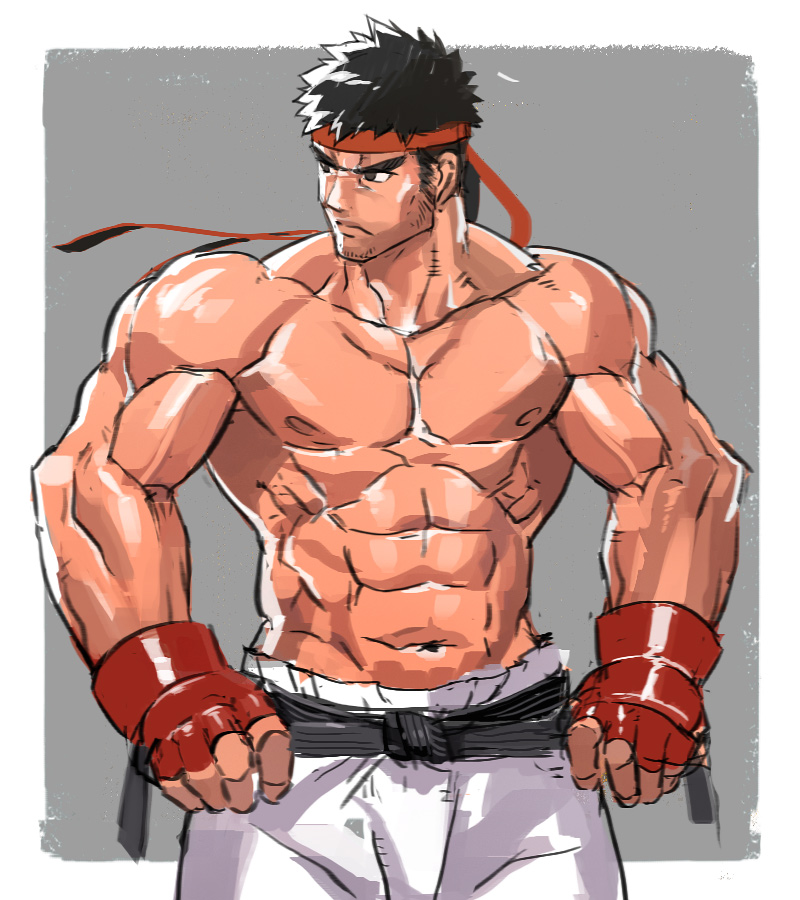 1boy, abs, bara, black_hair, facial_hair, gloves, male_focus, muscle