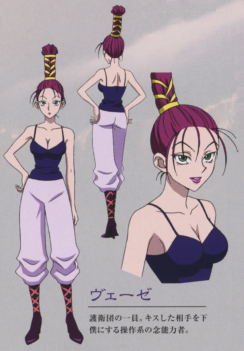 1girl, ass, back, baise, bare_shoulders, braid, breasts, camisole, cleavage, female, green_eyes, hand_on_hip, high_heels, highres, hunter_x_hunter, japanese, large_breasts, lips, lipstick, long_hair, makeup, official_art, pants, purple_hair, solo, standing