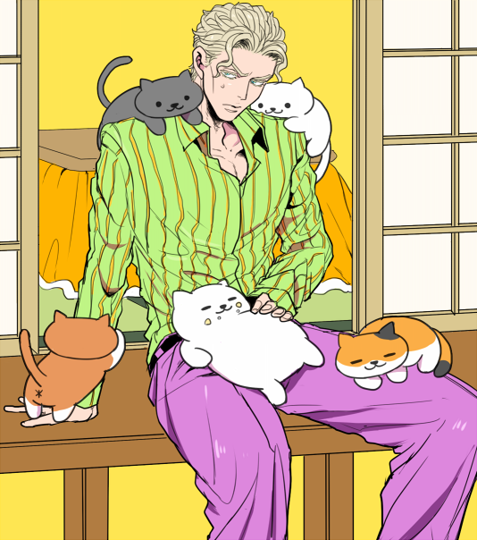 1boy, blonde_hair, blush, cat, jojo_no_kimyou_na_bouken, kira_yoshikage, male_focus, muscle
