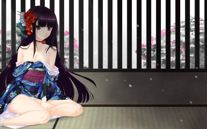 1girl, bare_shoulders, black_eyes, black_hair, breasts, cleavage, hair_ornament, long_hair