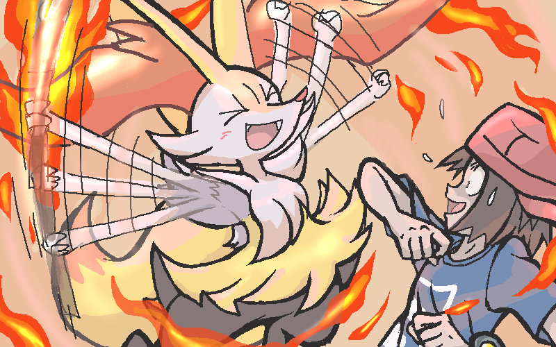 >_<, 1boy, 1girl, braixen, fire, happy, pokemon, trainer