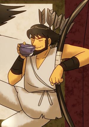 1boy, arrow, artist_request, black_hair, bow_(weapon), bowl, closed_eyes, drink