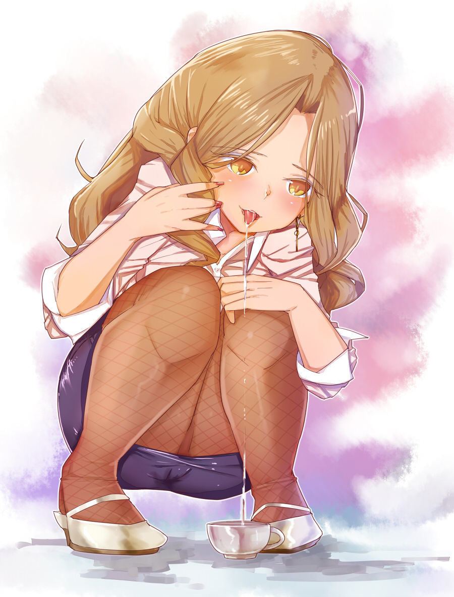 1girl, blush, curly_hair, drooling, earring, fishnets, gold_eyes, long_hair