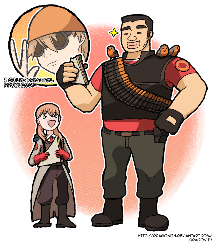 >_<, :d, ammunition, animal, animal_on_shoulder, artist_name, bangs, belt
