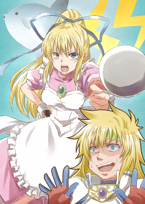 1boy, 1girl, apron, armor, blonde_hair, blue_eyes, blush, breasts