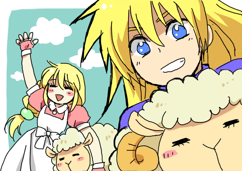 1boy, 1girl, apron, blonde_hair, blue_eyes, blush, breasts, brother_and_sister