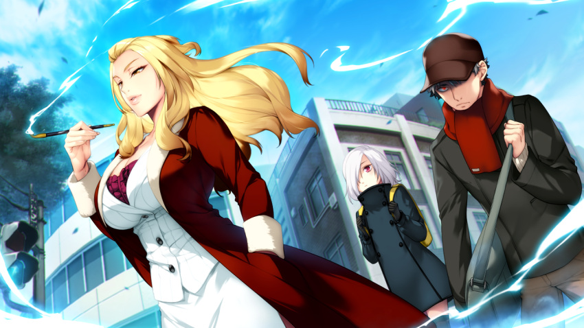 2girls, akeiro_kaikitan, bag, blonde_hair, breasts, business_suit, cap, cigarette
