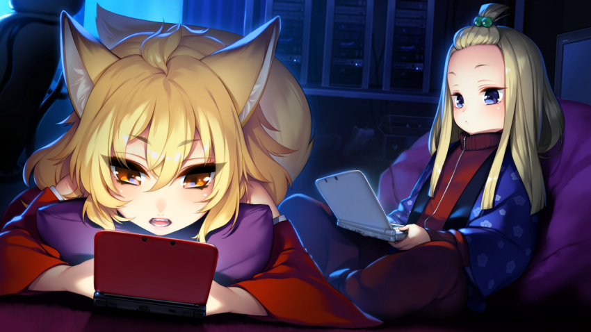 2girls, akeiro_kaikitan, animal_ears, bare_shoulders, blonde_hair, blue_eyes, chair, computer