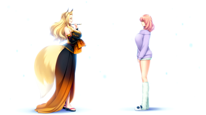 2girls, akeiro_kaikitan, animal_ears, bare_shoulders, blonde_hair, blush, breasts, cigarette