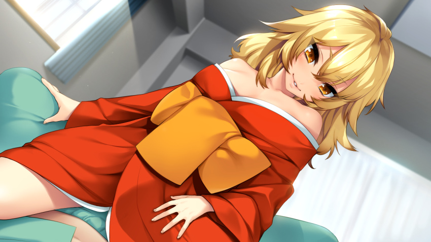 1girl, akeiro_kaikitan, bare_shoulders, blonde_hair, breasts, eyebrows, eyebrows_visible_through_hair, game_cg