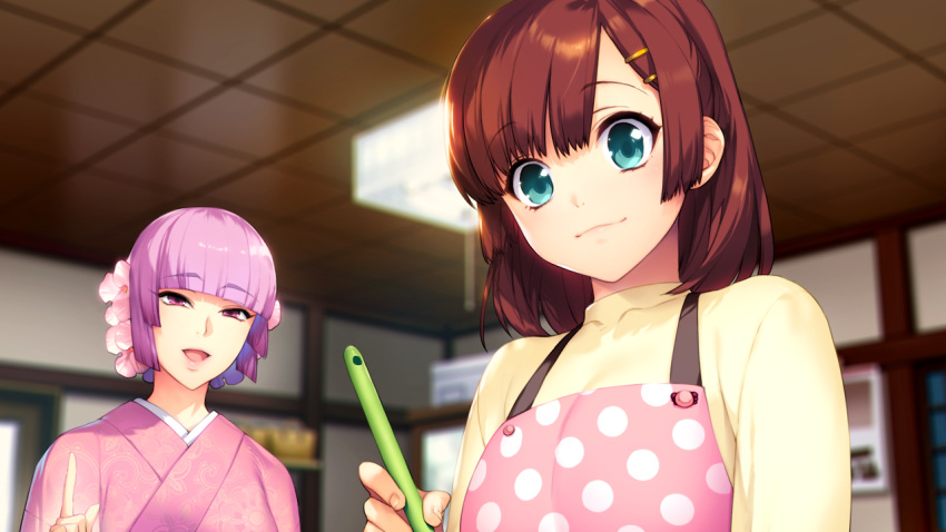 2girls, akeiro_kaikitan, apron, brown_hair, cooking, eyebrows, eyebrows_visible_through_hair, flower, fuyou_(nanairo_reincarnation), game_cg, green_eyes, hair_flower, hair_ornament, happy, highres, hinamori_kana, indoors, japanese_clothes, kimono, long_sleeves, looking_at_viewer, multiple_girls, parted_lips, pink_hair, short_hair, smile, standing, sumeragi_kohaku, upper_body