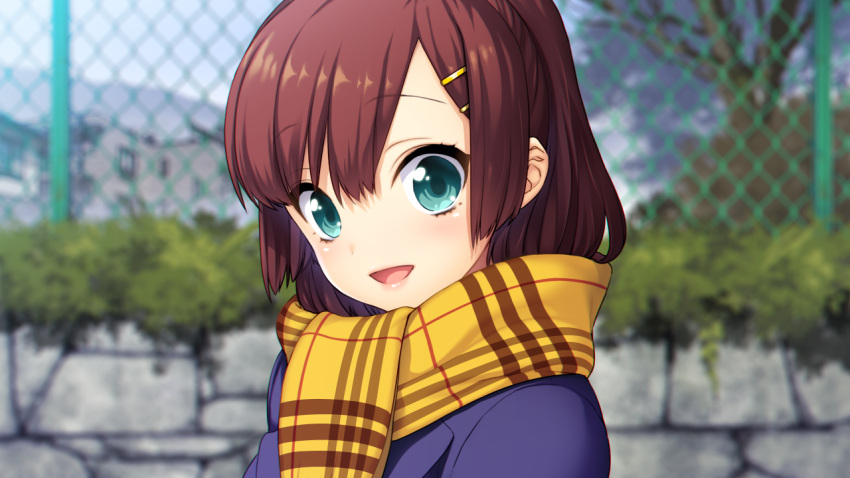 1girl, akeiro_kaikitan, blush, brown_hair, eyebrows, eyebrows_visible_through_hair, fence, game_cg