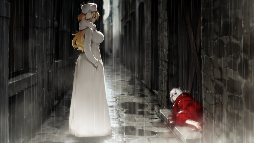 2girls, akeiro_kaikitan, barefoot, blonde_hair, blood, breasts, coat, feet, game_cg, hair_over_one_eye, hand_in_pocket, hat, highres, katsuragi_youko, large_breasts, long_hair, looking_down, looking_up, lying, multiple_girls, on_side, outdoors, rain, raining, red_eyes, short_hair, sideboob, silver_hair, standing, sumeragi_kohaku, toes, velvet_(akeiro_kaikitan), wet, wet_clothes