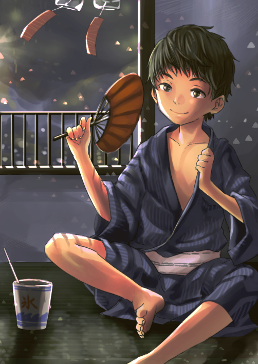 1boy, b_gent, barefoot, brown_eyes, brown_hair, child, fan, feet