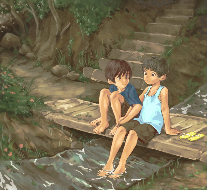 2boys, b_gent, barefoot, brown_eyes, brown_hair, child, feet, hand_holding
