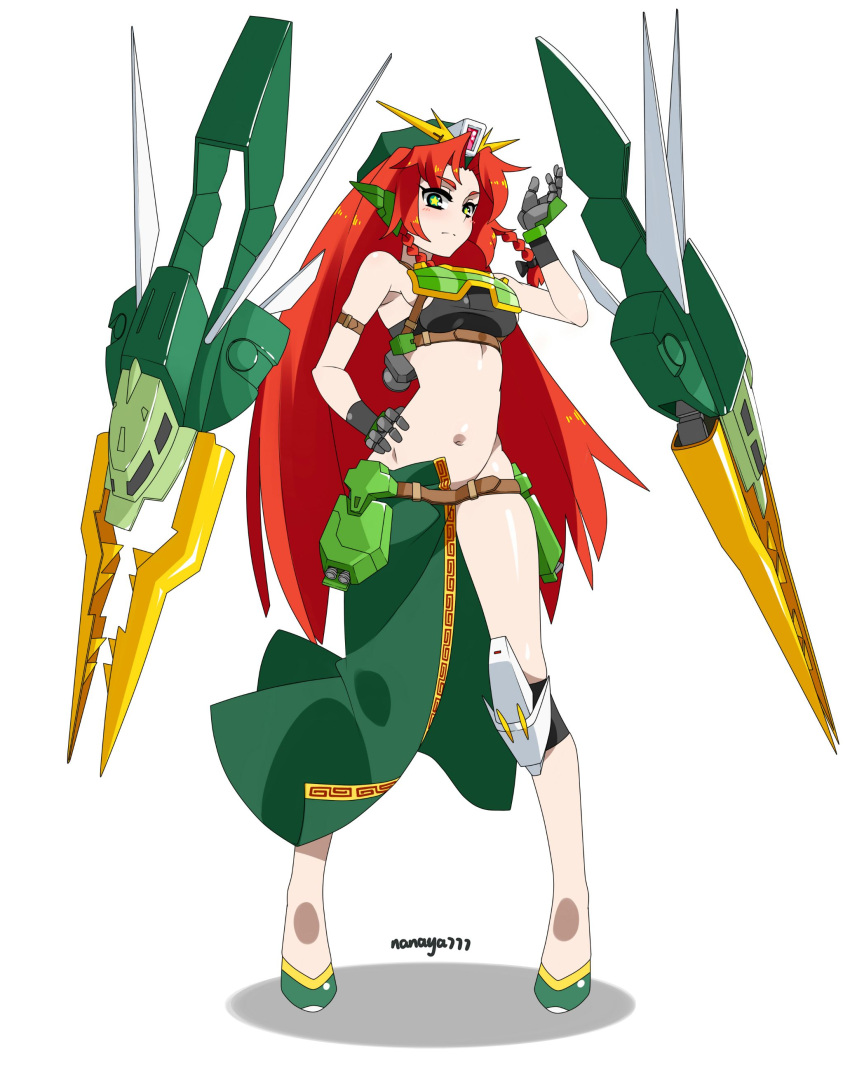 1girl, adapted_costume, altron_gundam, artist_name, bare_shoulders, blush, braid, breasts
