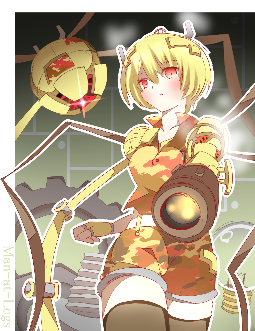 1girl, arm_cannon, blush, looking_at_viewer, man-at-legs, non_(wednesday-classic), personification, pikmin, pikmin_2, red_eyes, robot_girl, short_hair, solo