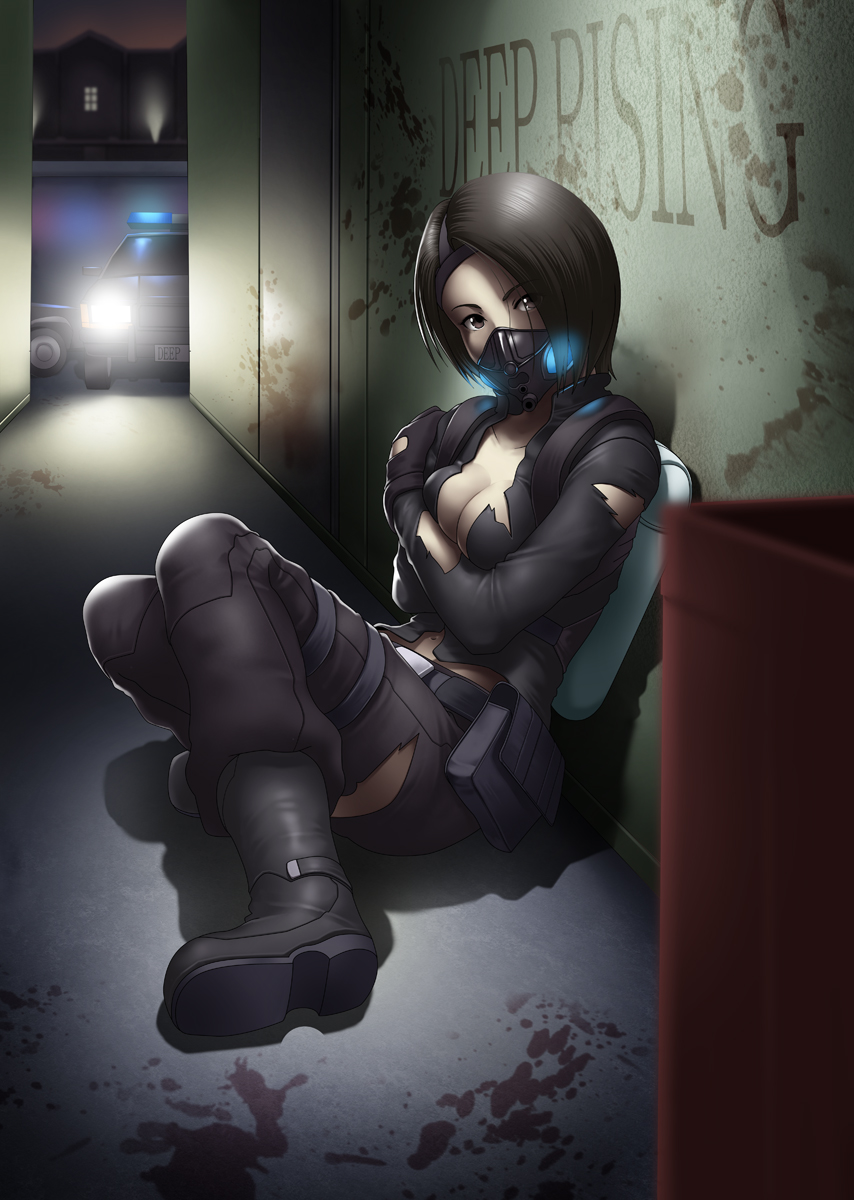 1girl, against_wall, bag, belt, black_eyes, black_hair, blood, boots