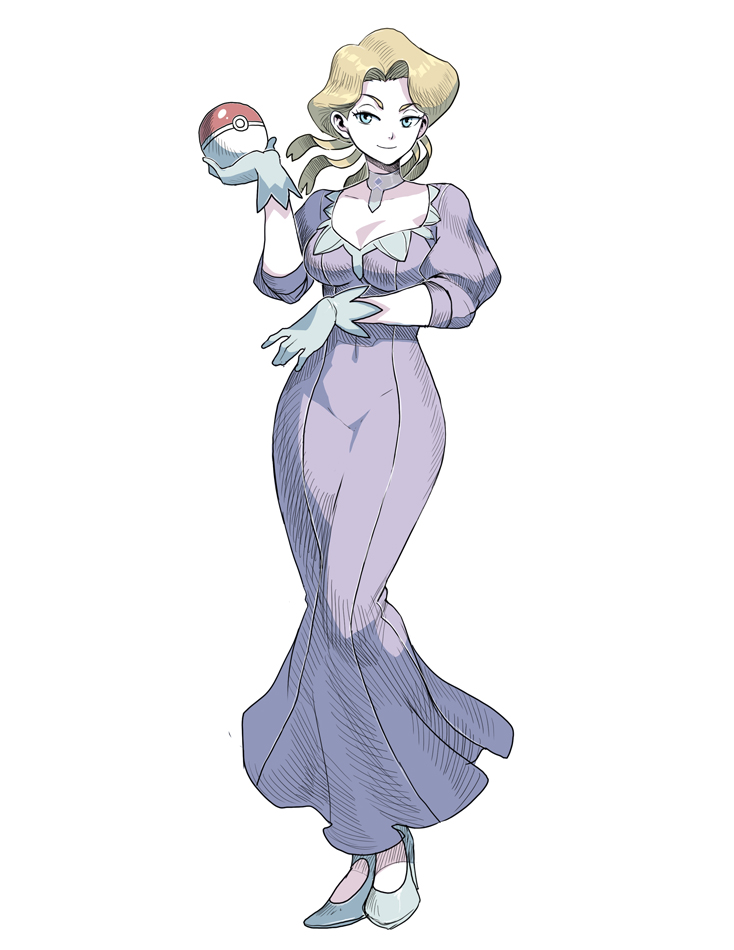 10s, 1girl, blonde_hair, blue_eyes, breasts, cleavage, dress, elite_four
