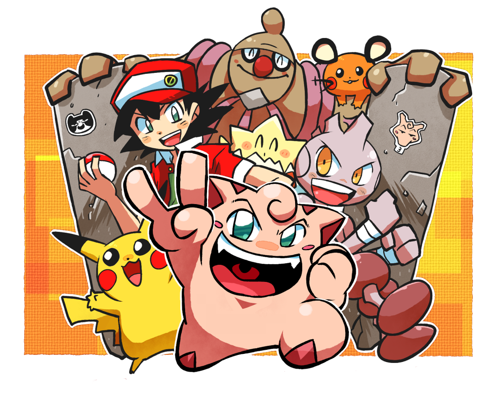akai_isamu_(pokemon), black_hair, brown_eyes, character_request, clefairy, dedenne, green_eyes, hat