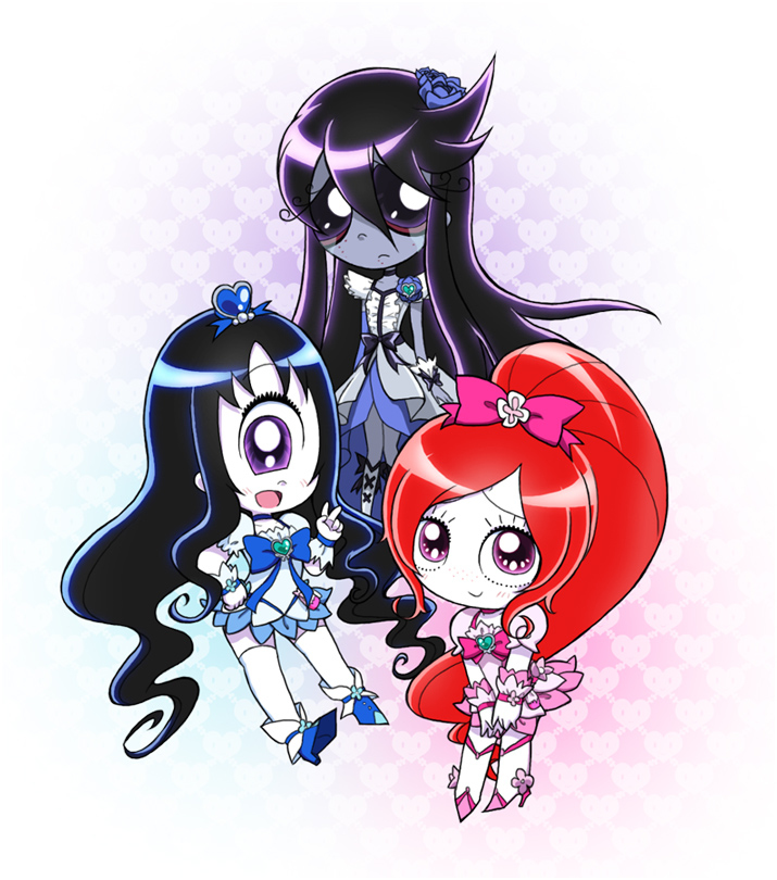 3girls, cosplay, heartcatch_precure!, iris_(ruby_gloom), misery_(ruby_gloom), multiple_girls, precure, ruby_gloom