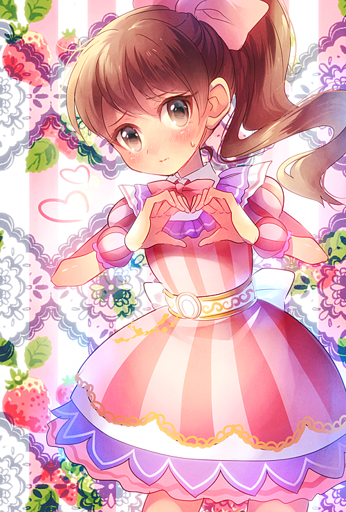 1girl, blush, brown_eyes, brown_hair, dress, food, fruit, heart